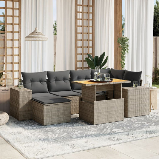 7 Piece Garden Sofa Set with Cushions Grey Poly Rattan
