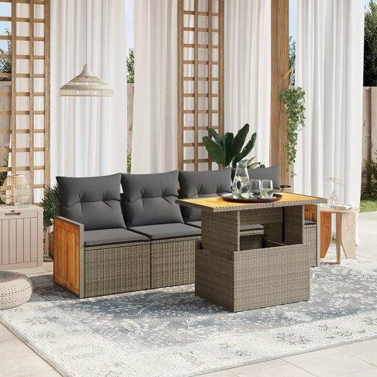 5 Piece Garden Sofa Set with Cushions Grey Poly Rattan